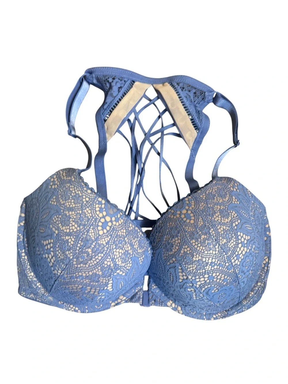 VICTORIA’S SECRET 34DD Very Sexy Push-Up Bra Front Close Strappy Back Blue Lace - Picture 8 of 17